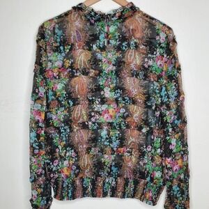 Intermix 100% Silk Floral Ruched Poet Sleeve Sheer Lace Ruffle Blouse, sz L
